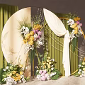 Elegant Wedding Decor Setup With Golden Frames White Drapery Pearl Strands And Colorful Flowers