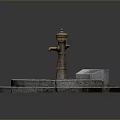 Brass Fountain With Circular Stone Base And Paved Surface With Grass 3d model