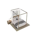 Wooden Four Poster Double Bed With White Sheets Gray Blanket White Curtains And Wooden Nightstand
