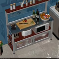 Modern Kitchen Storage Shelf Holding Wine Bottles Microwave Fruits on Cutting Board and Cabinets