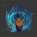 Cute Blue Cartoon Aquatic Animal With Small Umbrella Bottle And Net Splashing Water