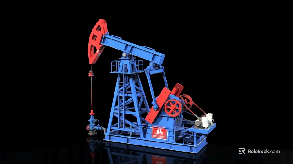 Blue And Red Oil Pump Jack Model With Black Background And Reflection 3d model 