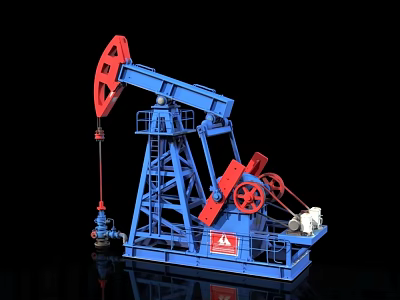 Blue And Red Oil Pump Jack Model With Black Background And Reflection 3d model