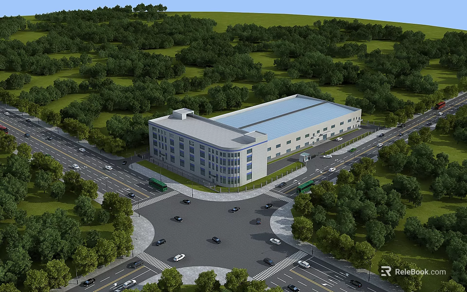 Modern Industrial Factory Building Surrounded by Lush Green Trees Near Roads And Blue Roof 3d model 
