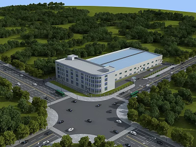 Modern Industrial Factory Building Surrounded by Lush Green Trees Near Roads And Blue Roof 3d model