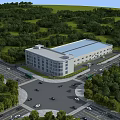 Modern Industrial Factory Building Surrounded by Lush Green Trees Near Roads And Blue Roof