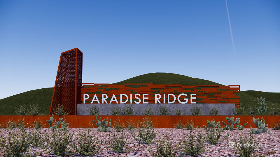 Red Paradise Ridge Feature Wall With Textured Design Surrounding Plants And Green Hills 3d model 