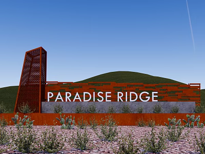 Red Paradise Ridge Feature Wall With Textured Design Surrounding Plants And Green Hills 3d model
