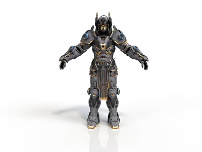 Futuristic Armored Warrior Character With Metallic Armor Gold Accents And Blue Luminous Details 3d model