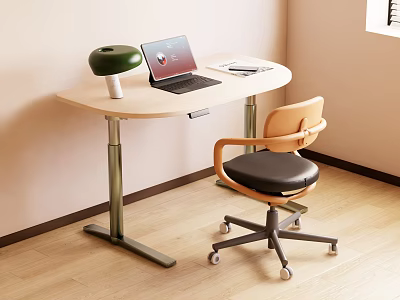 Adjustable Height Wooden Desk With Laptop Green Lamp And Ergonomic Chair 3d model