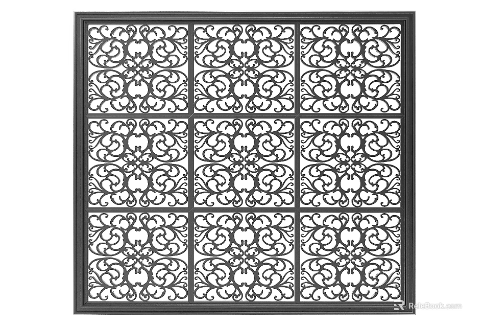 Ornate Carved Decorative Panel With Square Grid And Intricate Scroll Patterns 3d model 