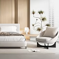 Minimalist Modern Bedroom Interior Design With Wooden Accent Wall White Bed And Armchair