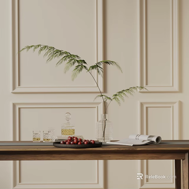 Elegant Decorative Ornament Set With Fern Plant Red Berries And Glass Vase On Wooden Table 3d model 