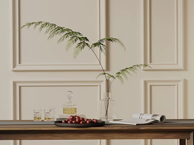 Elegant Decorative Ornament Set With Fern Plant Red Berries And Glass Vase On Wooden Table 3d model