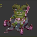 Green Game Movie Character With Horns Holding Red Staff On Blue Pink Tentacle Octopus Creature