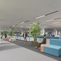 Modern Office Hallway With Indoor Green Plants Seating People And Natural Light