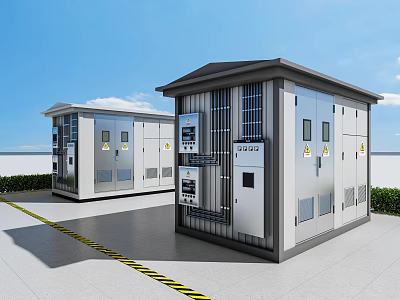 Public Electrical Facilities Outdoor Substations With Gray Metal Structure And Warning Lines 3d model