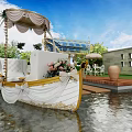 Luxurious White and Gold Gondola Boat with Canopy and Floral Decor on Water