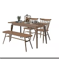 Simple Wooden Dining Table Set With Chairs Bench And Tableware Decorative Plants 3d model
