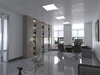 Modern Office Interior With Open Space Bookshelves Desk Office Chairs Large Windows And Plants 3d model