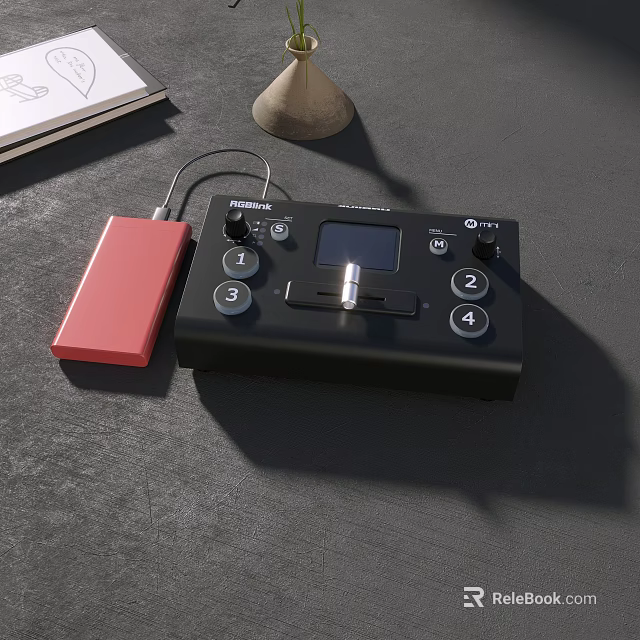 Black Digital Audio Interface With Red Portable Power Bank Connected On Dark Surface 3d model