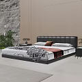 Modern Black Leather Headboard Double Bed with White Pillows Red Cushion and Checkered Blanket
