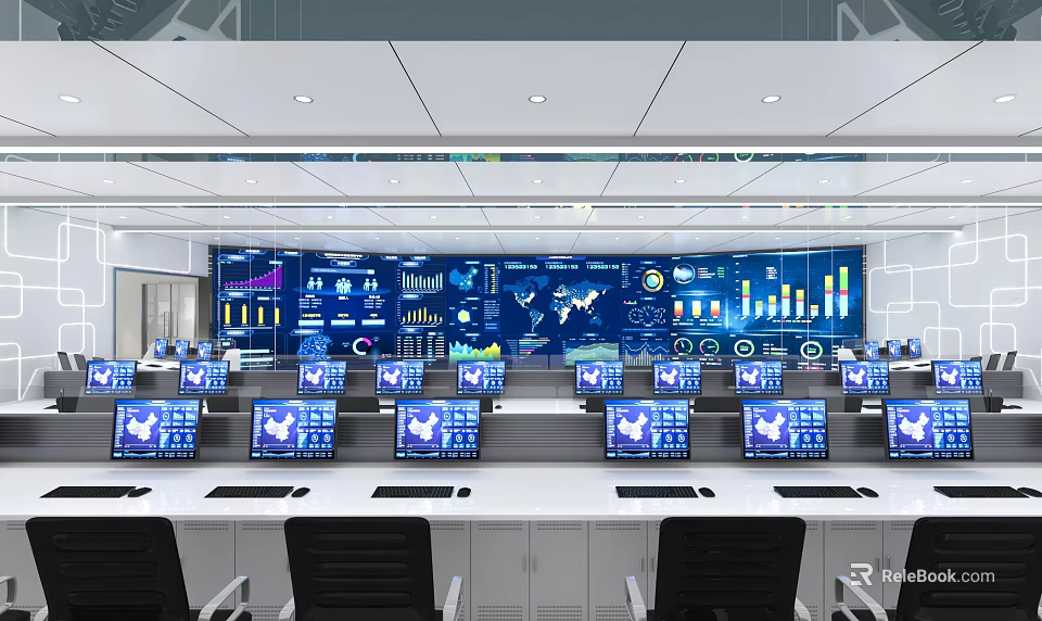 Modern Monitoring Room Interior With Multiple Screens Data Charts And Control Desks 3d model 