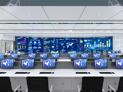 Modern Monitoring Room Interior With Multiple Screens Data Charts And Control Desks 3d model