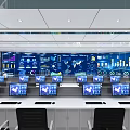 Modern Monitoring Room Interior With Multiple Screens Data Charts And Control Desks