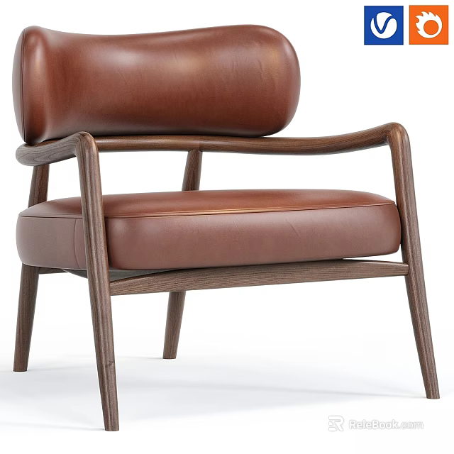 Elegant Brown Leather Lounge Chair With Wooden Armrests And Sturdy Leg Design 3d model 