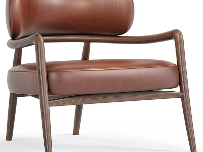 Elegant Brown Leather Lounge Chair With Wooden Armrests And Sturdy Leg Design 3d model