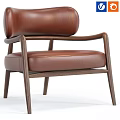 Elegant Brown Leather Lounge Chair With Wooden Armrests And Sturdy Leg Design