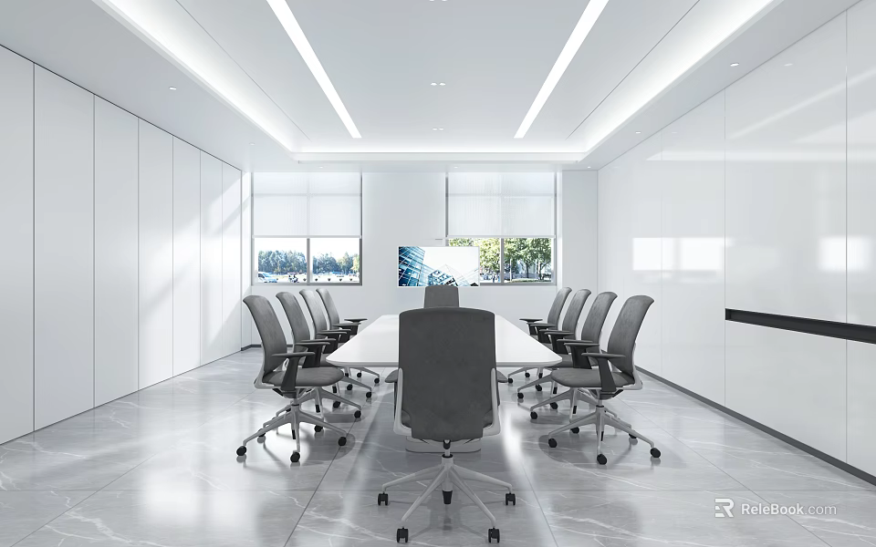 Modern Conference Room Interior Design With Long Table Gray Chairs And Large Screen 3d model