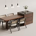 Modern Wooden Dining Table Set With Four Woven Chairs Side Cabinet And Pendant Lights