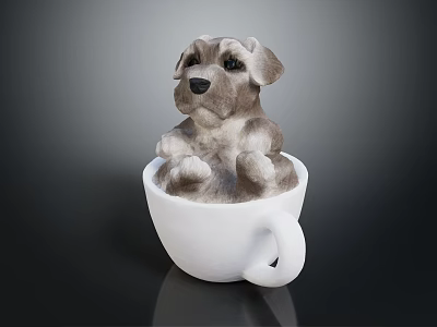 Adorable Small Puppy Comfortably Sitting In White Ceramic Cup On Dark Surface Background 3d model