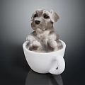 Adorable Small Puppy Comfortably Sitting In White Ceramic Cup On Dark Surface Background
