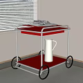 Red Two Tier Serving Cart With Metal Frame Black Wheels Newspaper And White Jug