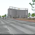 Modern Office Building With Glass Curtain Wall Street Cars Pedestrians And Trees