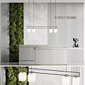 Modern Reception Desk With Green Plant Wall Marble Wall Pendant Light And Reception Sign