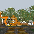 Cheerful Orange Orchard Park Landscape With Stacked Oranges Orange Slice Shaped Ground And People Enjoying