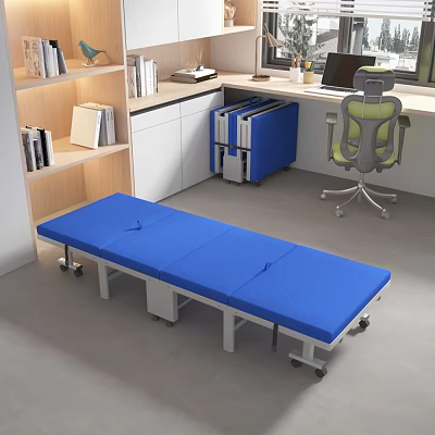 Blue Folding Bed On Wheels In Modern Room With Bookshelf Desk And Chair 3d model