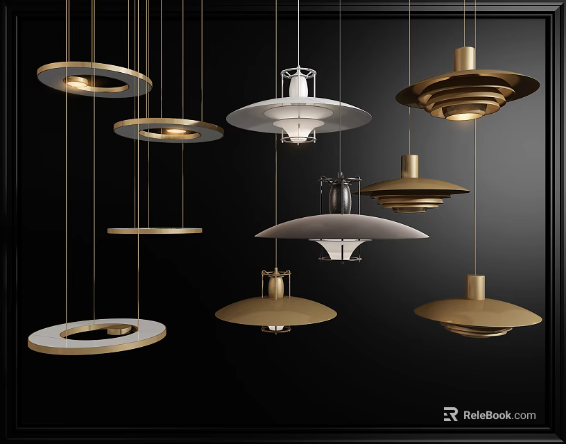 Modern Stylish Pendant Lights In Gold And White With Unique Circular Designs 3d model 