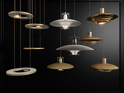Modern Stylish Pendant Lights In Gold And White With Unique Circular Designs 3d model