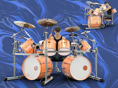 Vibrant Musical Instruments Drum Set with Artistic Blue Wave Background for Music Practice 3d model