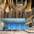 Elegant Traditional Modern Restaurant Interior With Wooden Ceiling Circular Pendant Light And Staircase