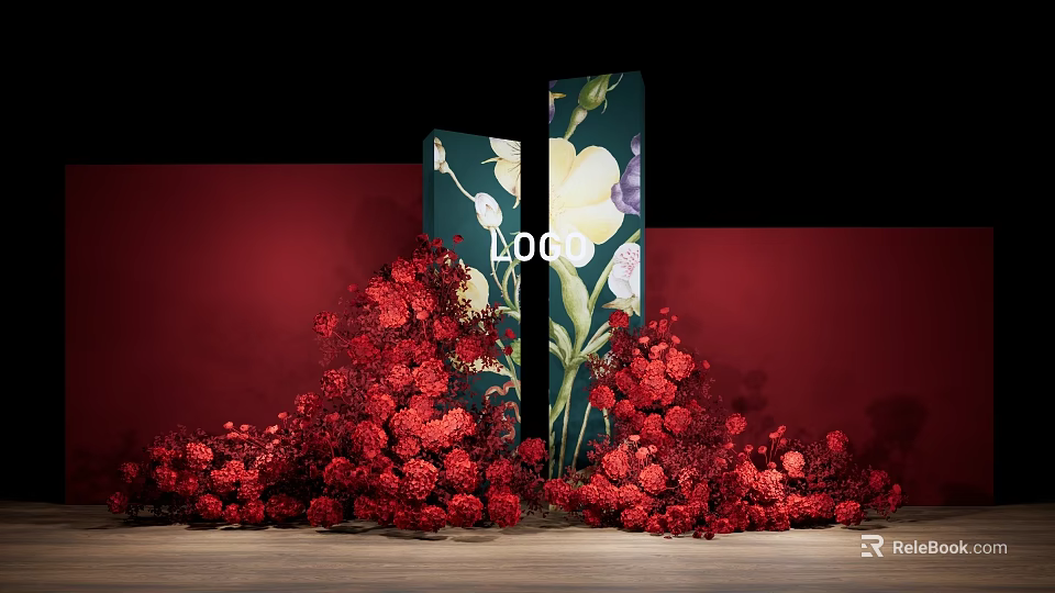 Floral Installation with Red Flowers Green Backdrop White Floral Patterns on Red Wall Wooden Floor 3d model 