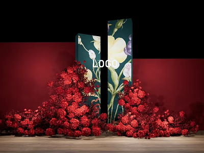 Floral Installation with Red Flowers Green Backdrop White Floral Patterns on Red Wall Wooden Floor 3d model