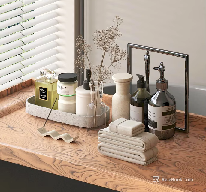 Daily Washing Essentials Arranged On Wooden Tray With Towels And Toiletry Bottles 3d model 