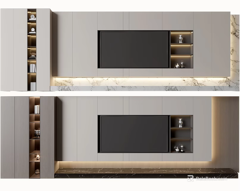 Modern Living Room TV Background Wall With Marble Surface Storage Cabinets And Lighting Strips 3d model 