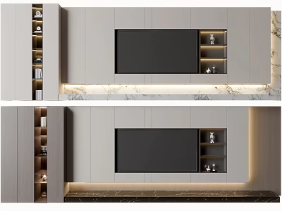 Modern Living Room TV Background Wall With Marble Surface Storage Cabinets And Lighting Strips 3d model